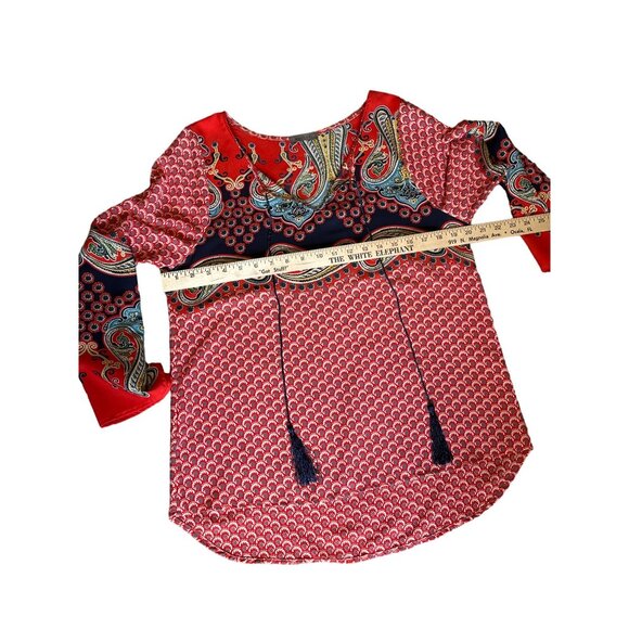 💖West Kei Women's Boho Paisley Tunic Top - Red/Navy Pattern Long Sleeve Tassel - Picture 7 of 8